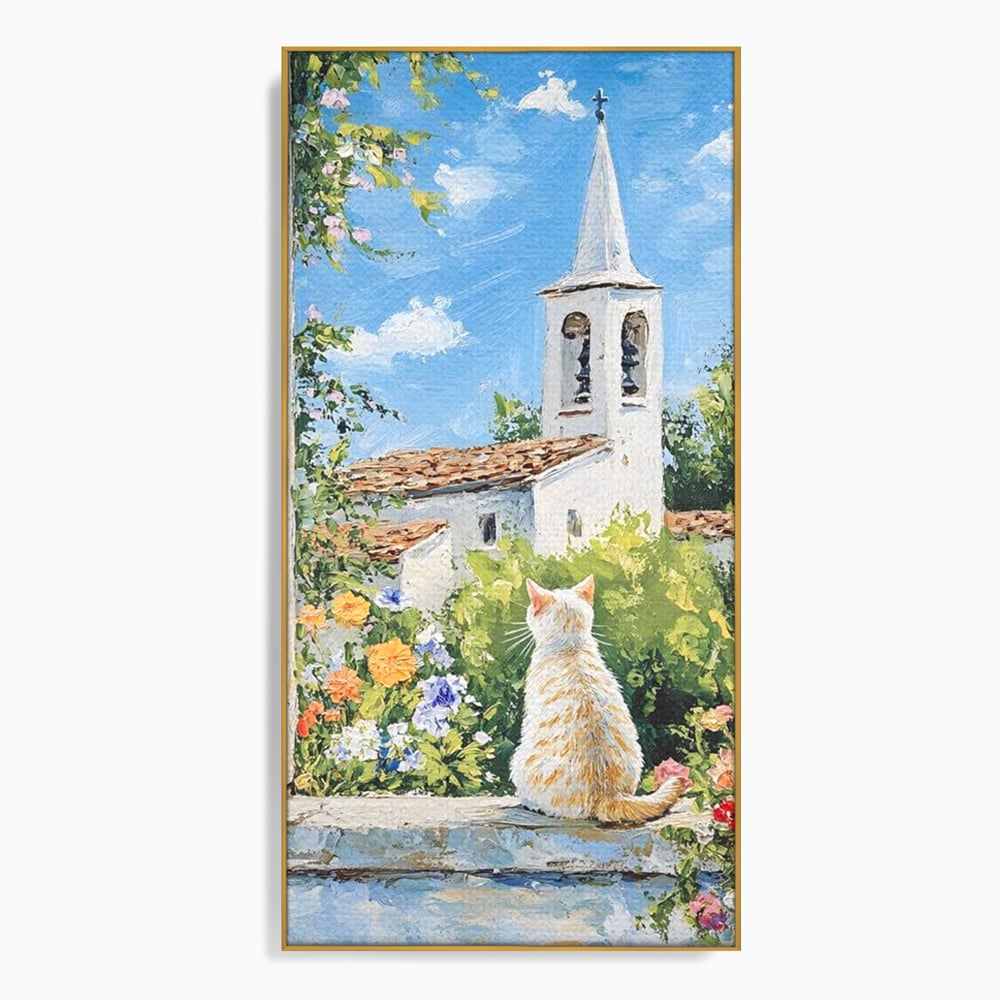 Tablou canvas cu tablou pictura cu pisica alba si biserica, in rama de aluminiu auriu