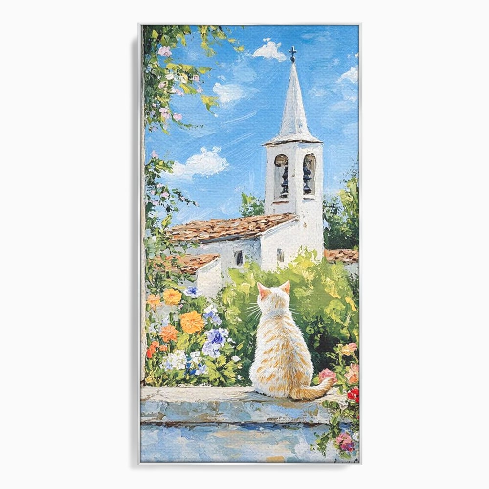Tablou canvas cu tablou pictura cu pisica alba si biserica, in rama de aluminiu argintiu