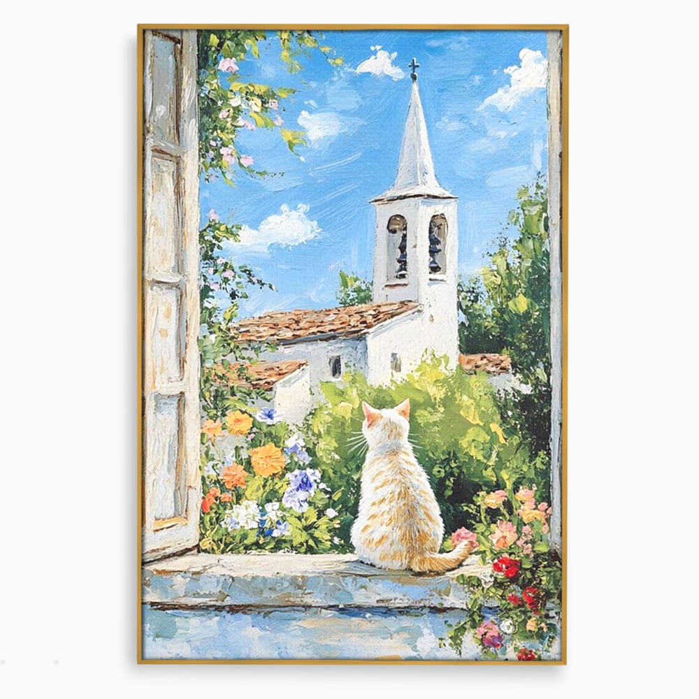 Tablou canvas cu tablou pictura cu pisica alba si biserica, in rama de aluminiu auriu