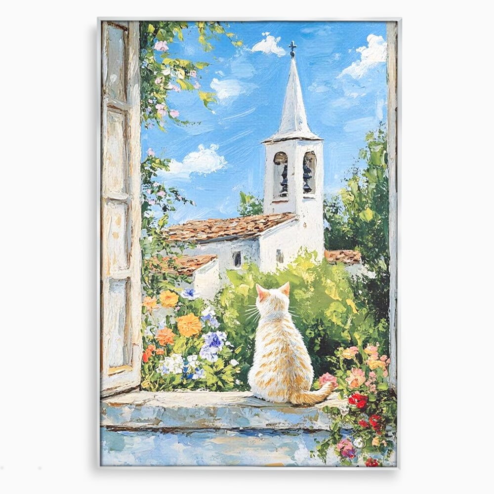 Tablou canvas cu tablou pictura cu pisica alba si biserica, in rama de aluminiu argintiu