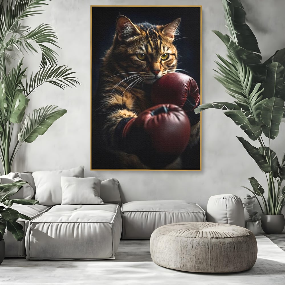 Tablou canvas cu tablou canvas cu motan boxer, in rama de aluminiu auriu, pe perete intr-un living