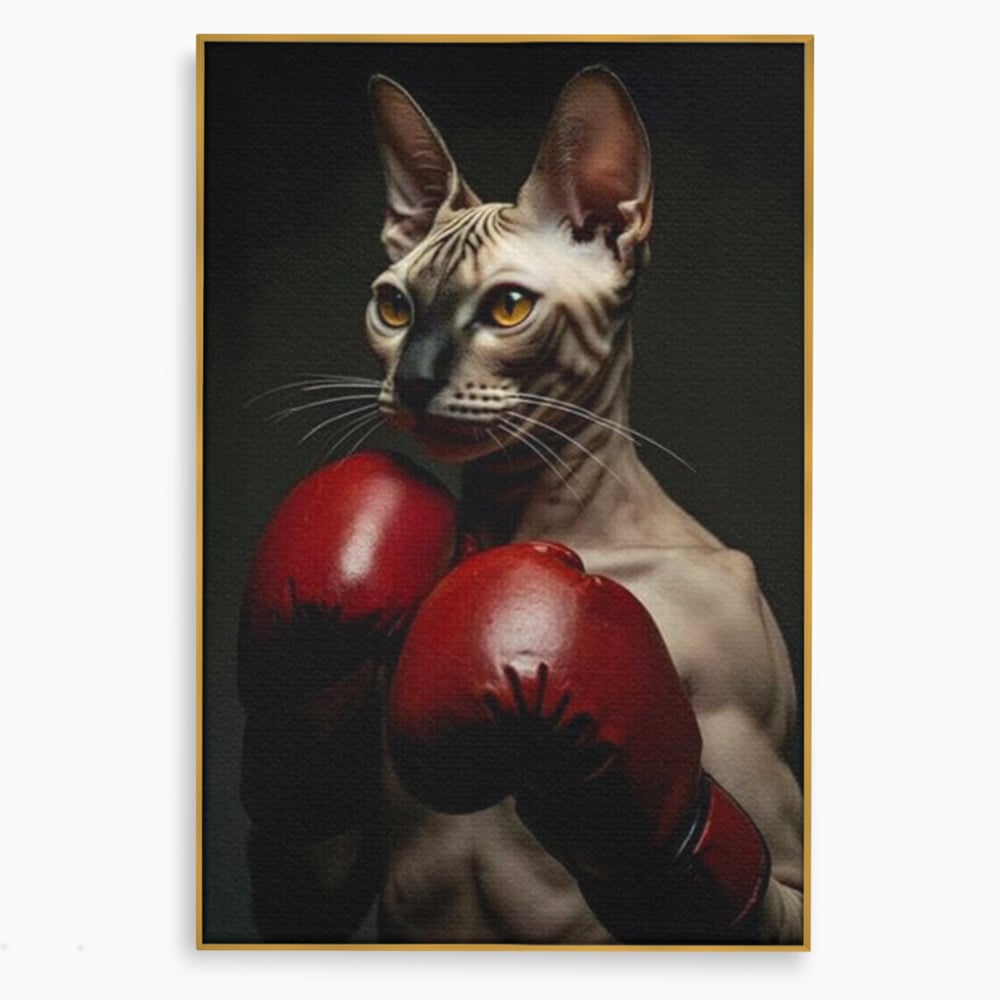 Tablou canvas cu tablou canvas cu motan sphynx boxer, in rama de aluminiu auriu