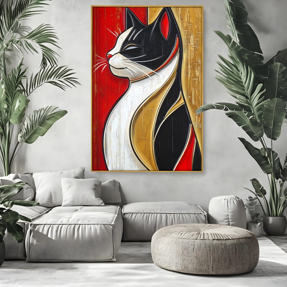 Tablou canvas cu tablou canvas cu pisica in profil, in rama de aluminiu auriu, pe perete intr-un living