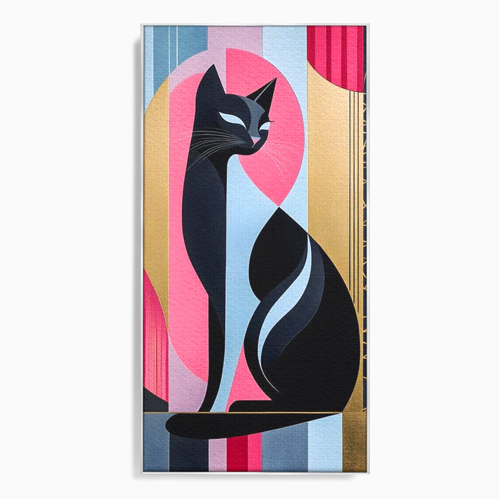 Tablou canvas cu tablou vertical cu silueta de pisica, in rama de aluminiu argintiu