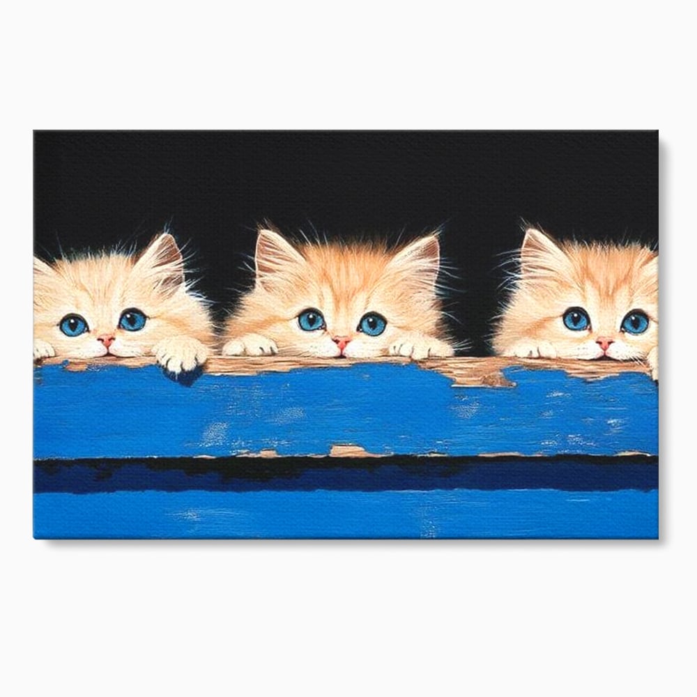 Tablou canvas cu ilustratie digitala cu trei pisicute, fara rama, pe sasiu de lemn