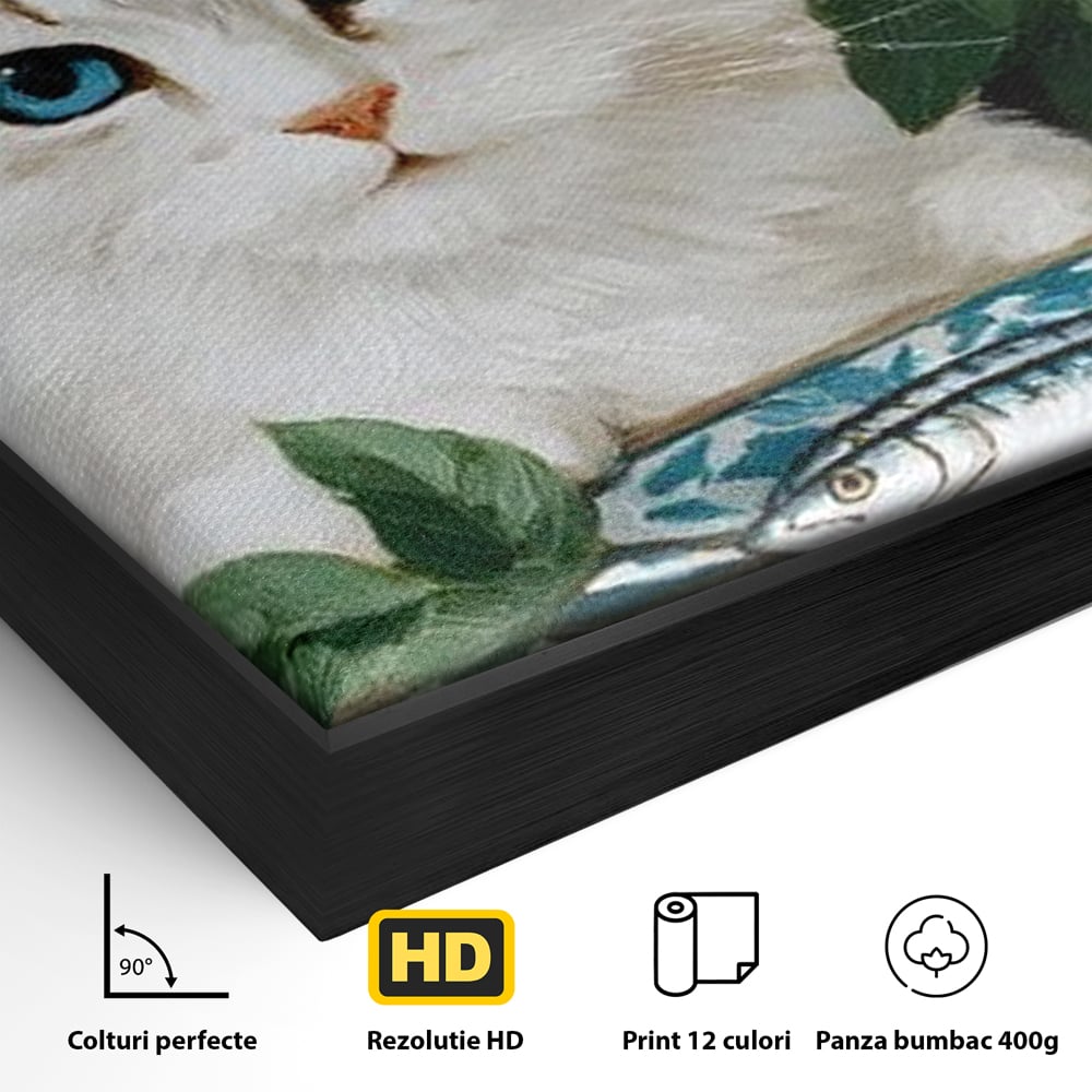 Detaliu al suprafetei: tablou canvas cu pisica alba si peste, in rama de aluminiu negru