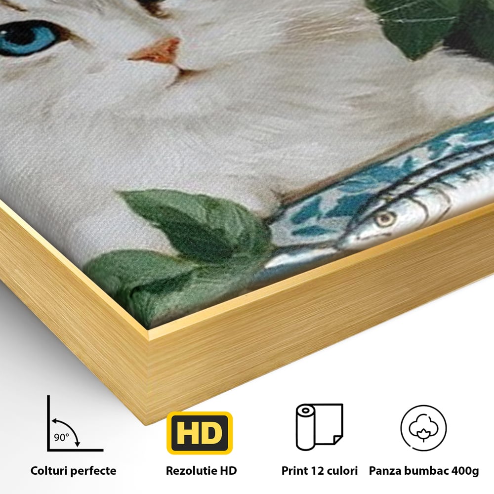 Detaliu al suprafetei: tablou canvas cu pisica alba si peste, in rama de aluminiu auriu