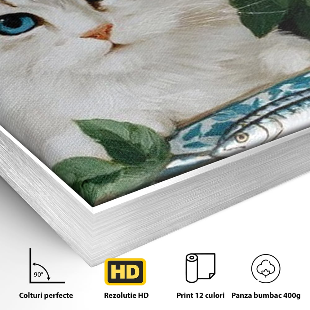 Detaliu al suprafetei: tablou canvas cu pisica alba si peste, in rama de aluminiu argintiu