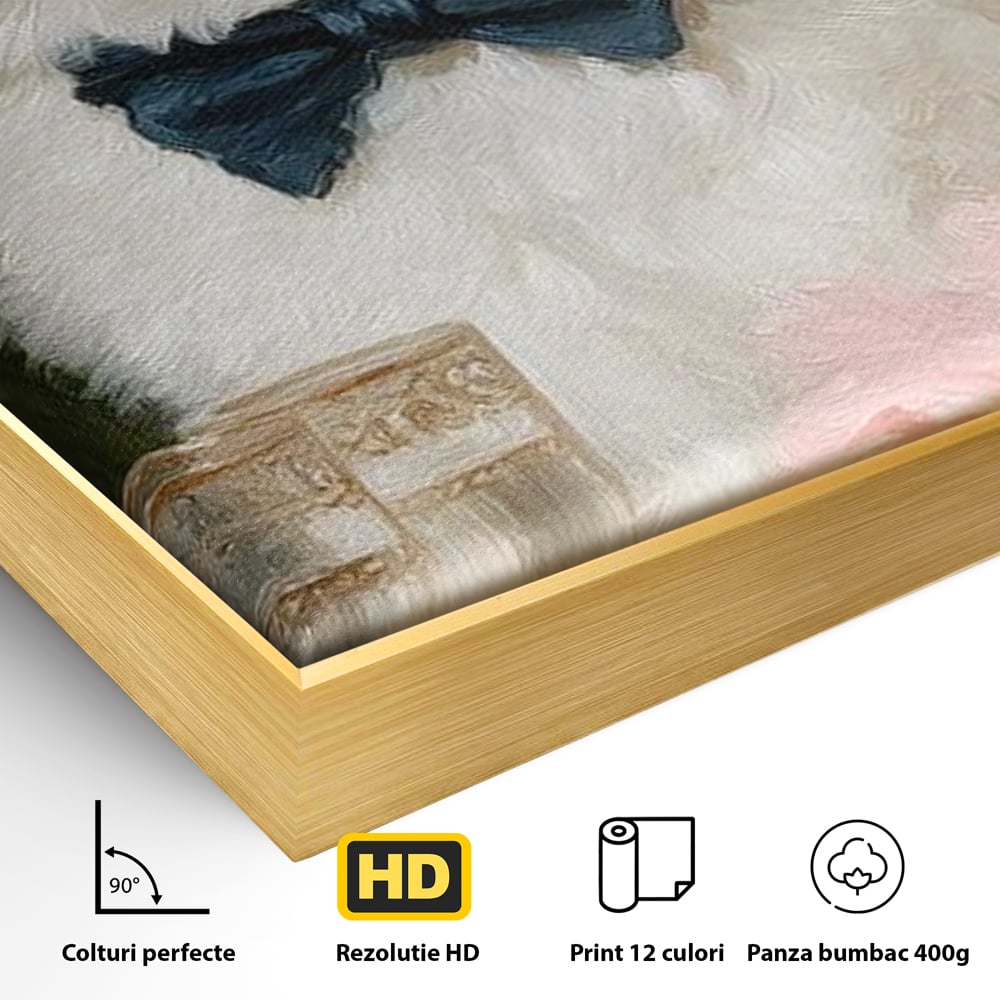 Detaliu al suprafetei: tablou canvas cu motan elegant, in rama de aluminiu auriu