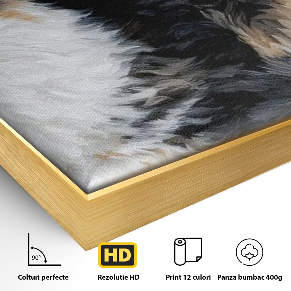 Detaliu al suprafetei: tablou canvas cu pisica calico si accente aurii, in rama de aluminiu auriu