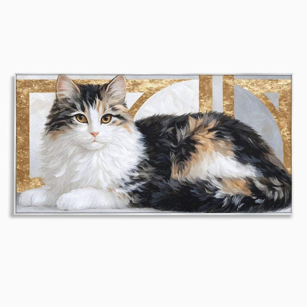 Tablou canvas cu tablou canvas cu pisica calico si accente aurii, in rama de aluminiu argintiu