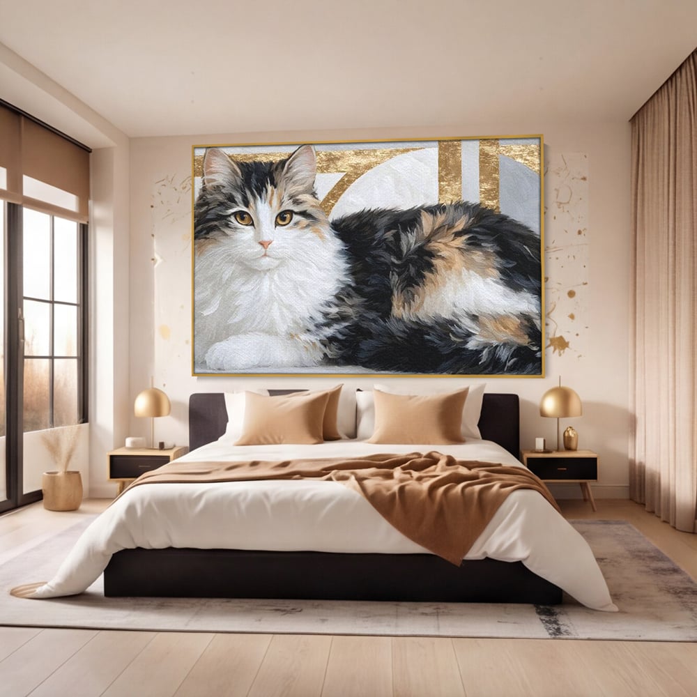 Tablou canvas cu tablou canvas cu pisica calico si accente aurii, in rama de aluminiu auriu, pe perete intr-un dormitor