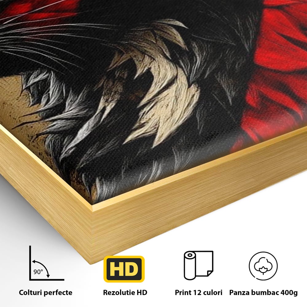 Detaliu al suprafetei: tablou canvas cu motan negru in profil, in rama de aluminiu auriu