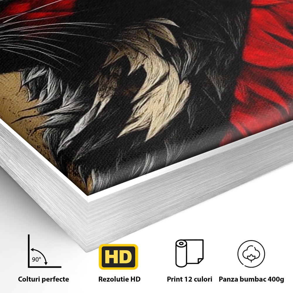 Detaliu al suprafetei: tablou canvas cu motan negru in profil, in rama de aluminiu argintiu