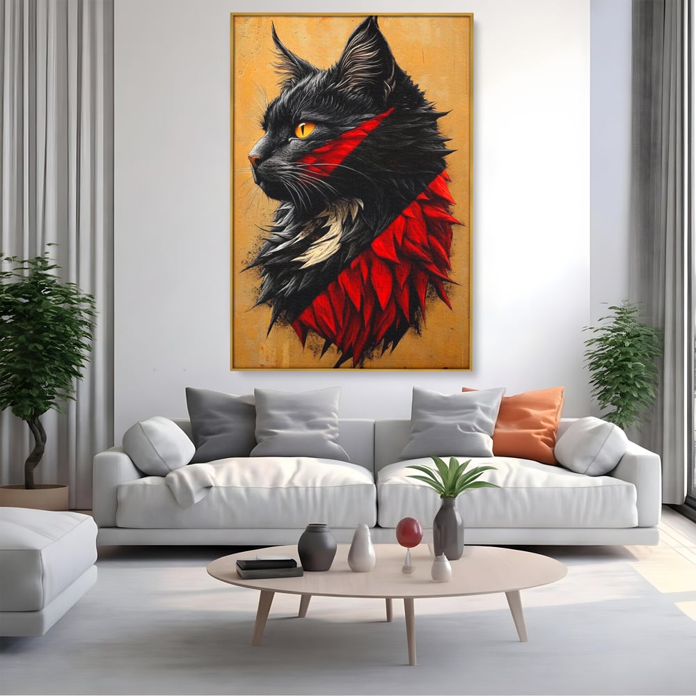 Tablou canvas cu tablou canvas cu motan negru in profil, in rama de aluminiu auriu, pe perete intr-un living