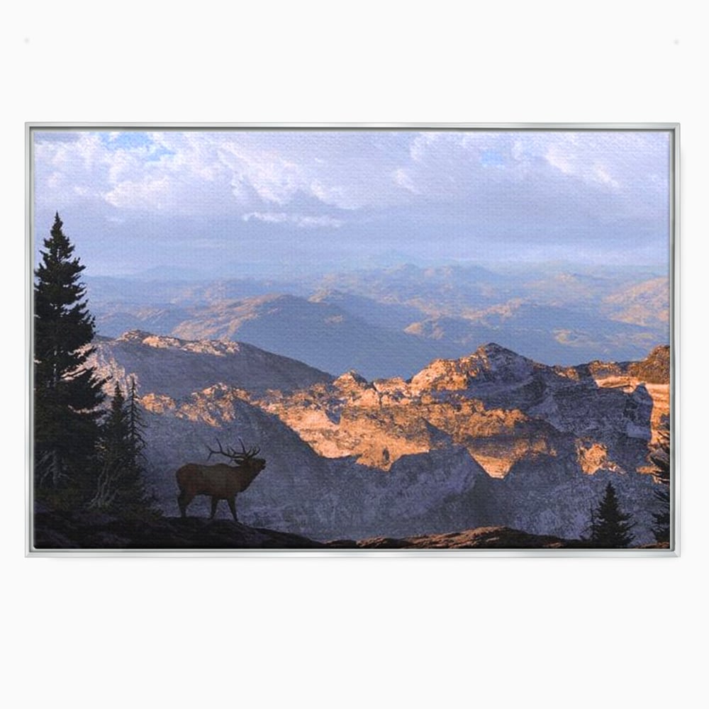 Tablou canvas cu tablou canvas cu elan si munti, in rama de aluminiu argintiu