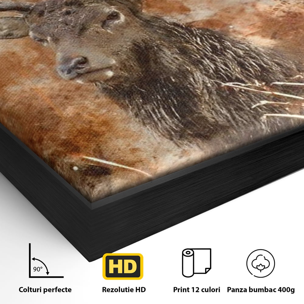 Detaliu al suprafetei: tablou canvas cu cerb in padure, in rama de aluminiu negru