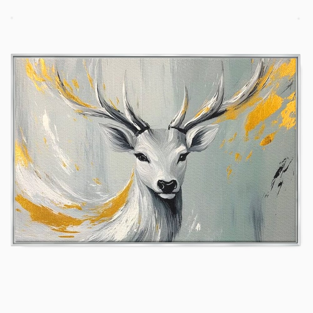 Tablou canvas cu pictura cu portret de cerb si detalii aurii, in rama de aluminiu argintiu