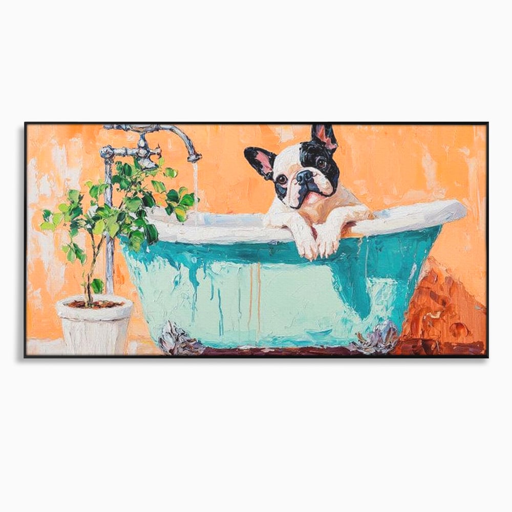 Tablou canvas cu tablou canvas cu bulldog in cada, in rama de aluminiu negru