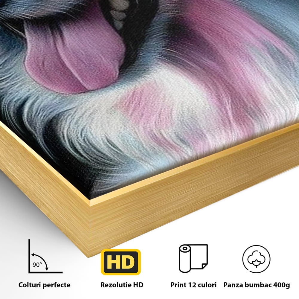 Detaliu al suprafetei: tablou canvas cu caine pastelat, in rama de aluminiu auriu