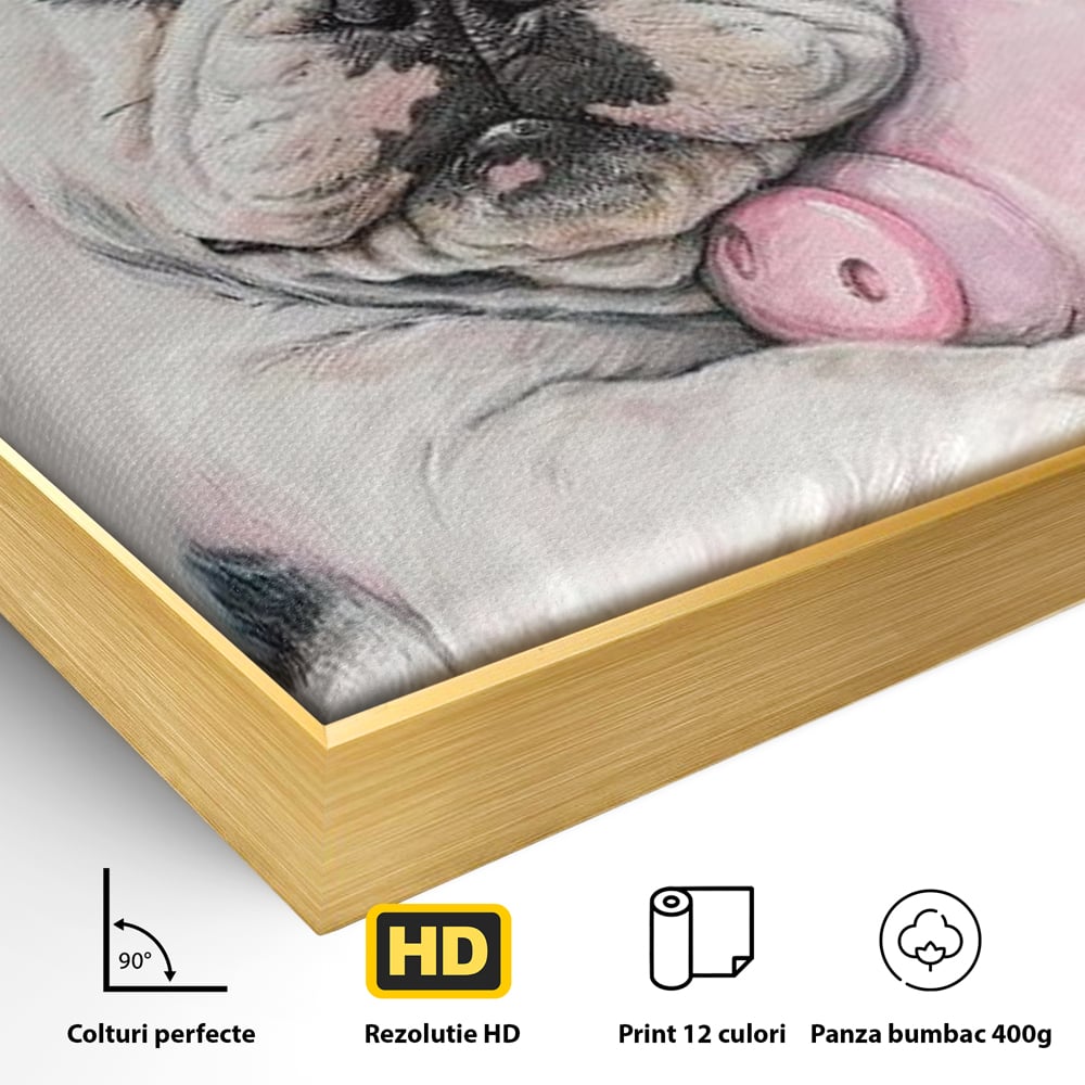 Detaliu al suprafetei: pictura cu bulldog si porcusor, in rama de aluminiu auriu