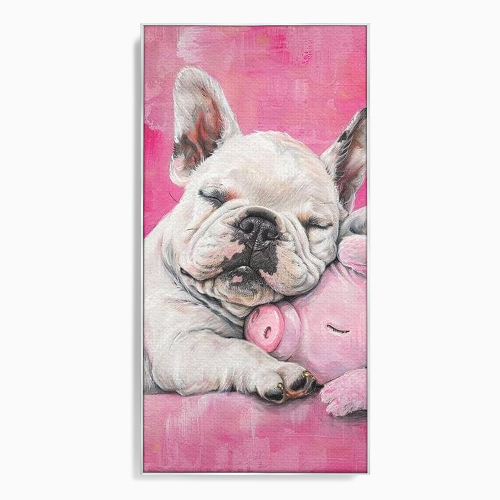 Tablou canvas cu pictura cu bulldog si porcusor, in rama de aluminiu argintiu