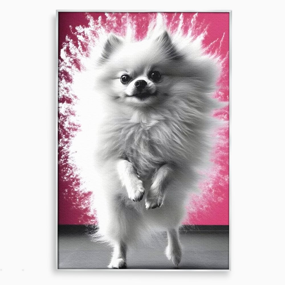 Tablou canvas cu tablou canvas cu caine pomeranian alb, in rama de aluminiu argintiu