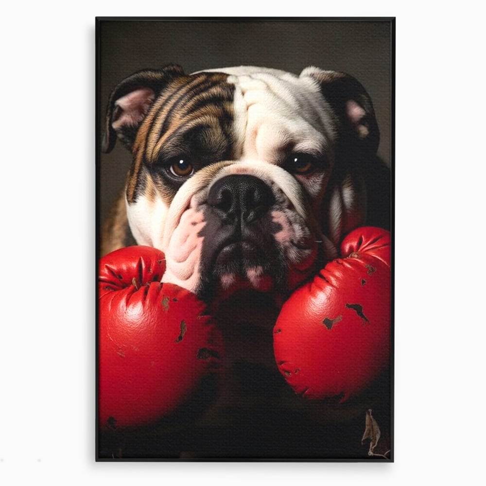 Tablou canvas cu tablou canvas cu bulldog in manusi de box, in rama de aluminiu negru