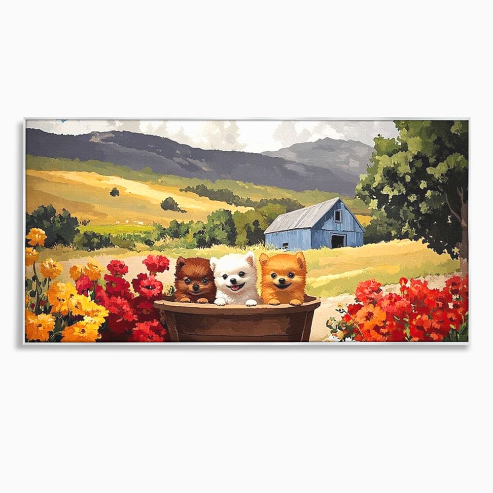 Tablou canvas cu pictura cu trei catelusi in butoi, in rama de aluminiu argintiu