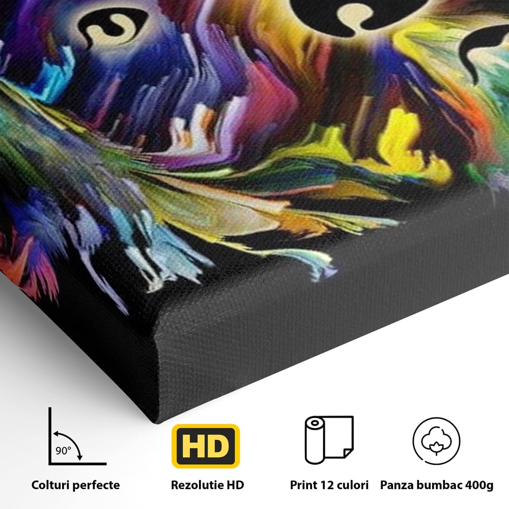 Detaliu al suprafetei: tablou canvas cu un catel multicolor, fara rama, pe sasiu de lemn