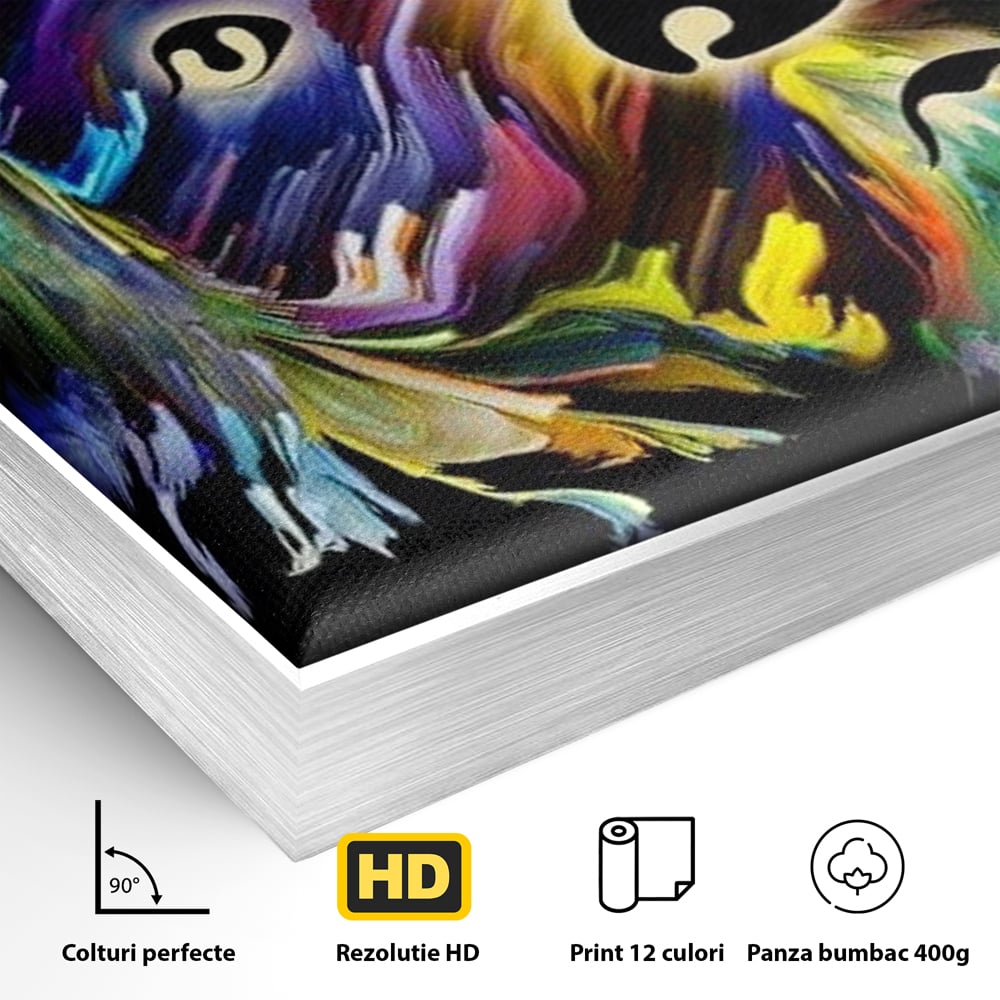 Detaliu al suprafetei: tablou canvas cu un catel multicolor, in rama de aluminiu argintiu