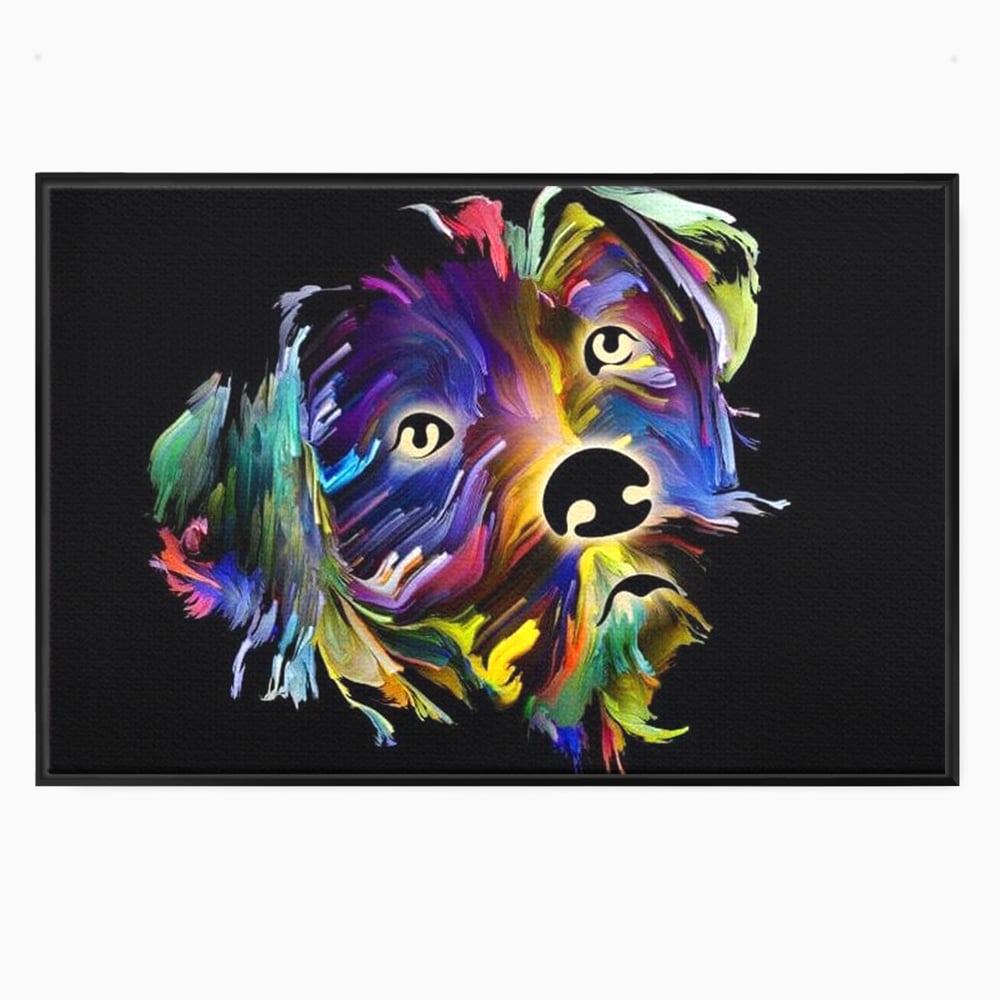 Tablou canvas cu tablou canvas cu un catel multicolor, in rama de aluminiu negru
