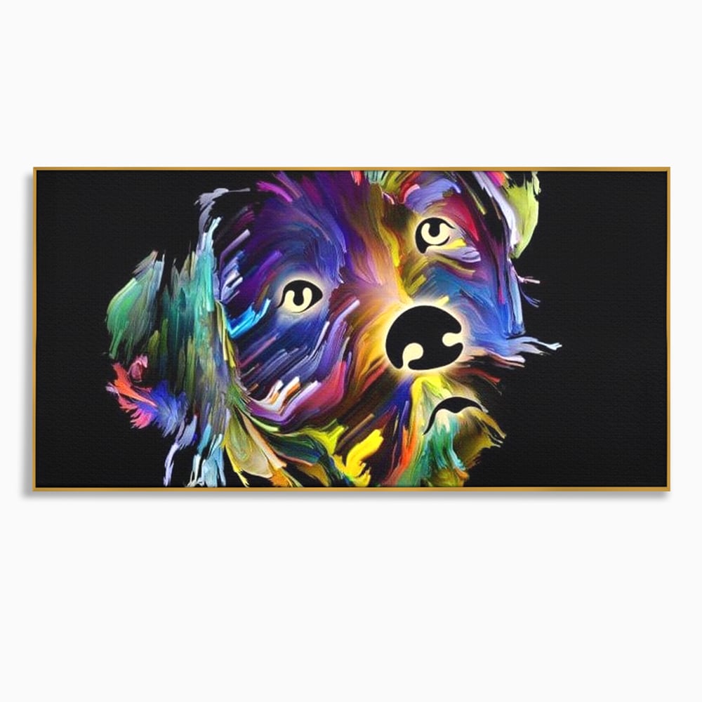Tablou canvas cu tablou canvas cu un catel multicolor, in rama de aluminiu auriu