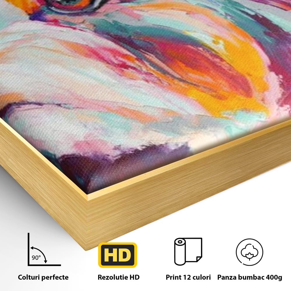 Detaliu al suprafetei: tablou canvas cu pictura in ulei reprezentand un catel yorkshire, in rama de aluminiu auriu
