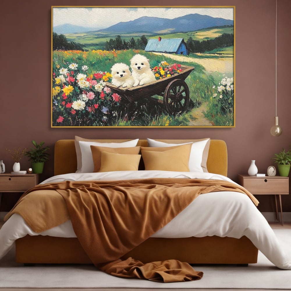 Tablou canvas cu tablou canvas cu catelusi intr-o roaba, in rama de aluminiu auriu, pe perete intr-un dormitor