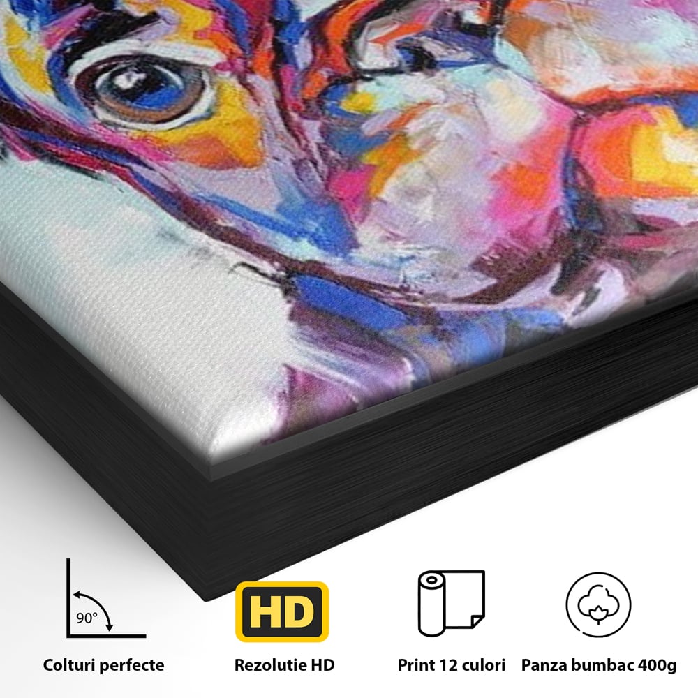 Detaliu al suprafetei: tablou canvas cu bulldog in stil pop art, in rama de aluminiu negru