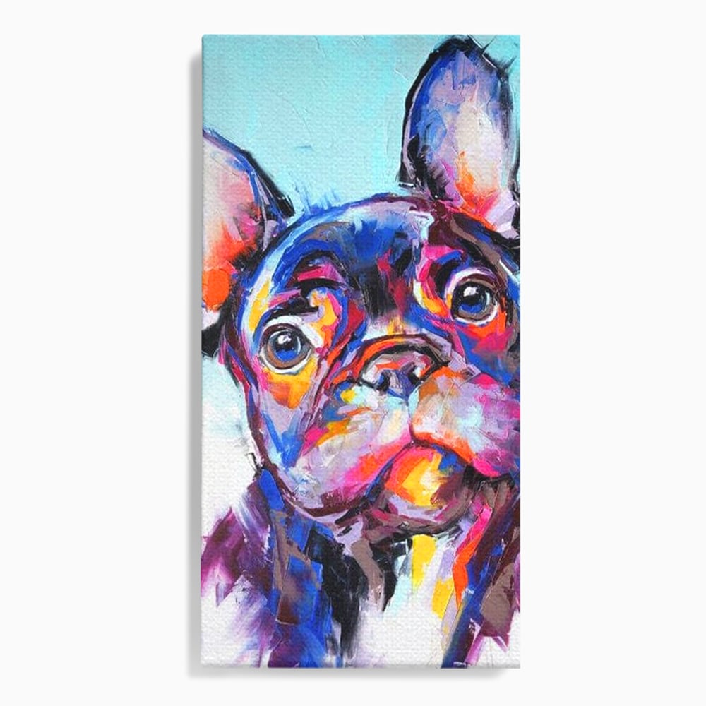 Tablou canvas cu tablou canvas cu bulldog in stil pop art, fara rama, pe sasiu de lemn