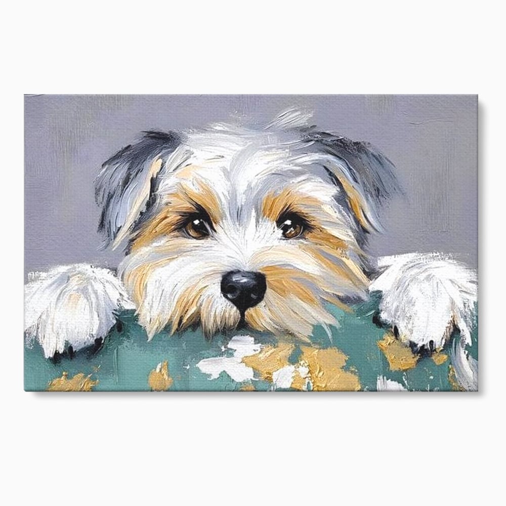 Tablou canvas cu pictura cu catel yorkshire privind curios, fara rama, pe sasiu de lemn