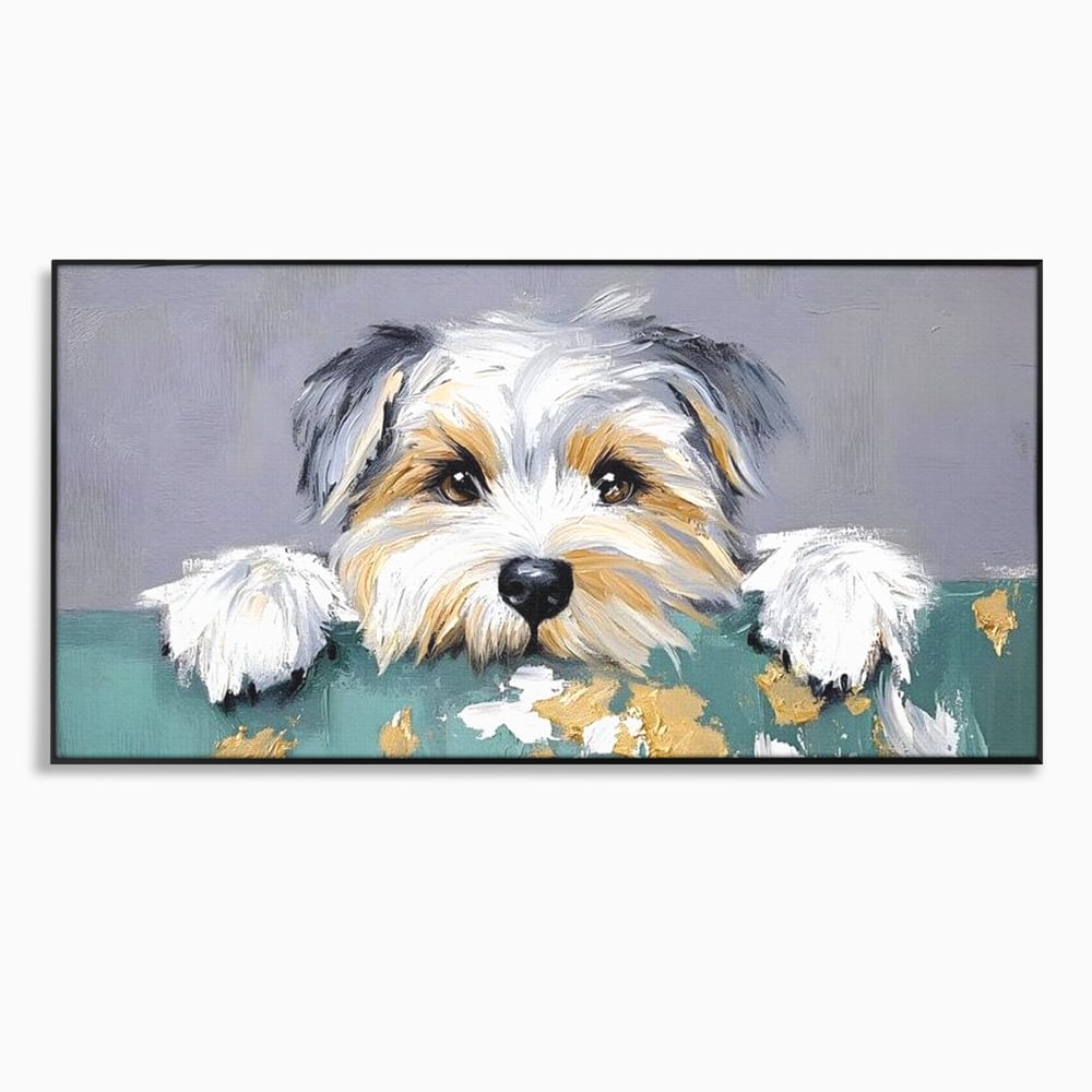 Tablou canvas cu pictura cu catel yorkshire privind curios, in rama de aluminiu negru