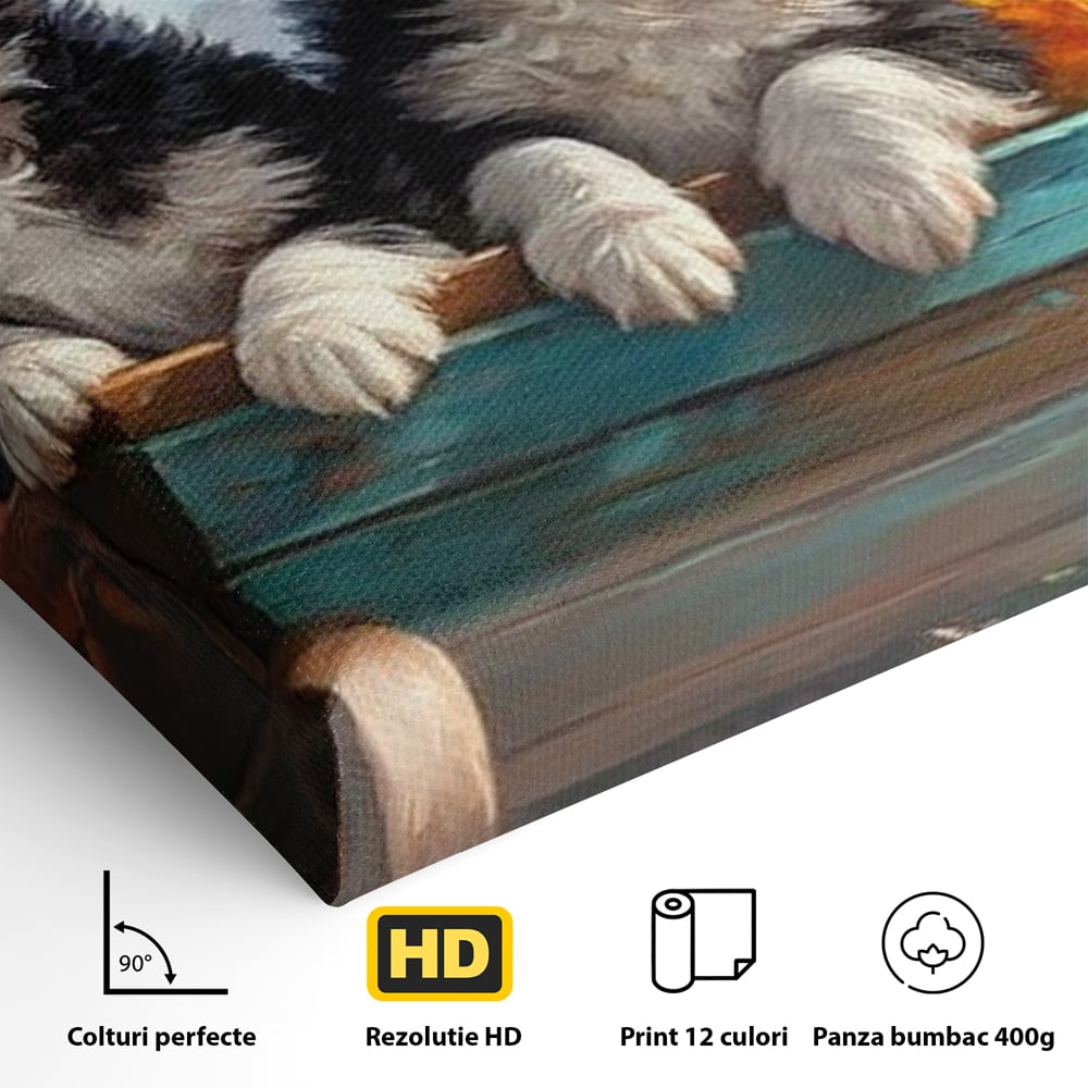 Detaliu al suprafetei: doi catei australian shepherd in caruta cu flori, fara rama, pe sasiu de lemn