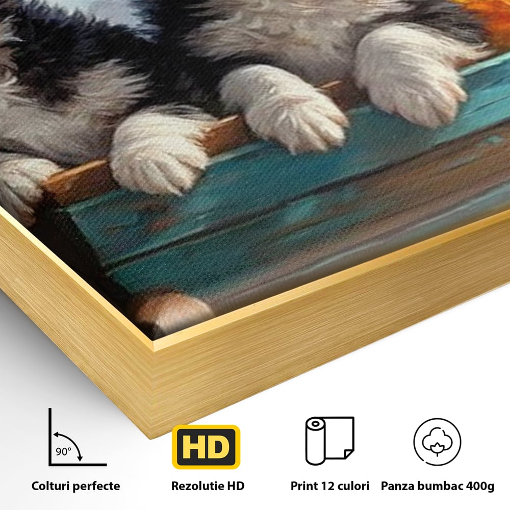 Detaliu al suprafetei: doi catei australian shepherd in caruta cu flori, in rama de aluminiu auriu
