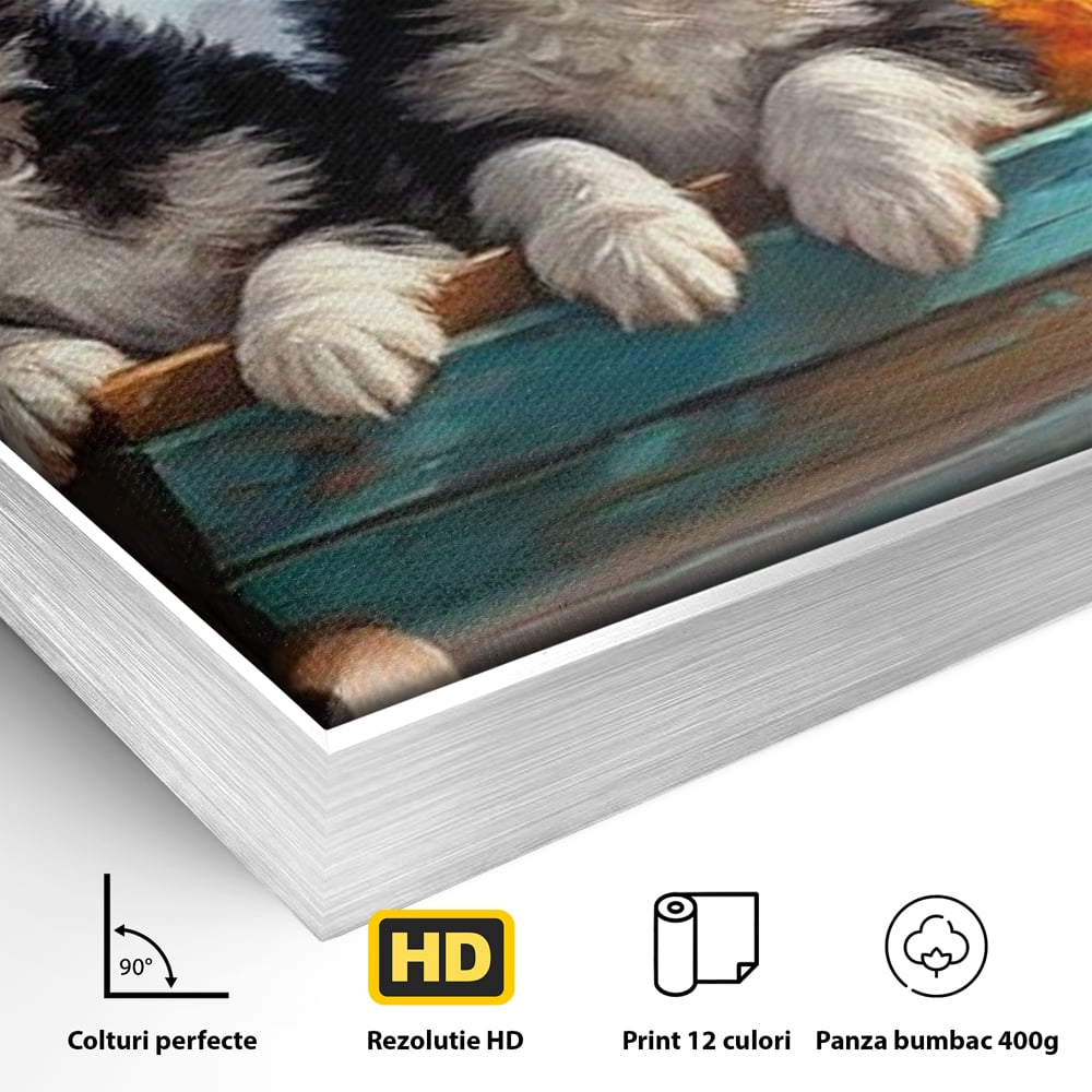 Detaliu al suprafetei: doi catei australian shepherd in caruta cu flori, in rama de aluminiu argintiu