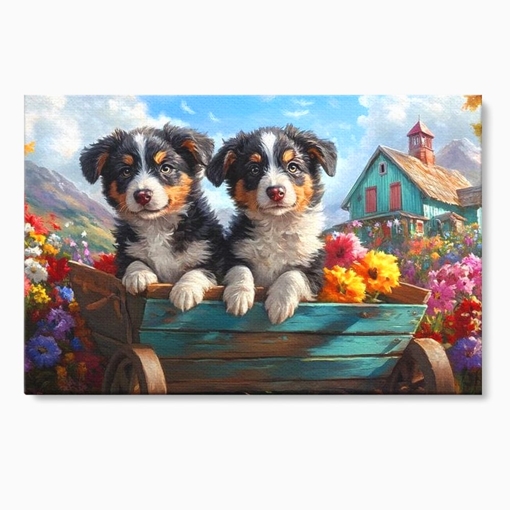 Tablou canvas cu doi catei australian shepherd in caruta cu flori, fara rama, pe sasiu de lemn