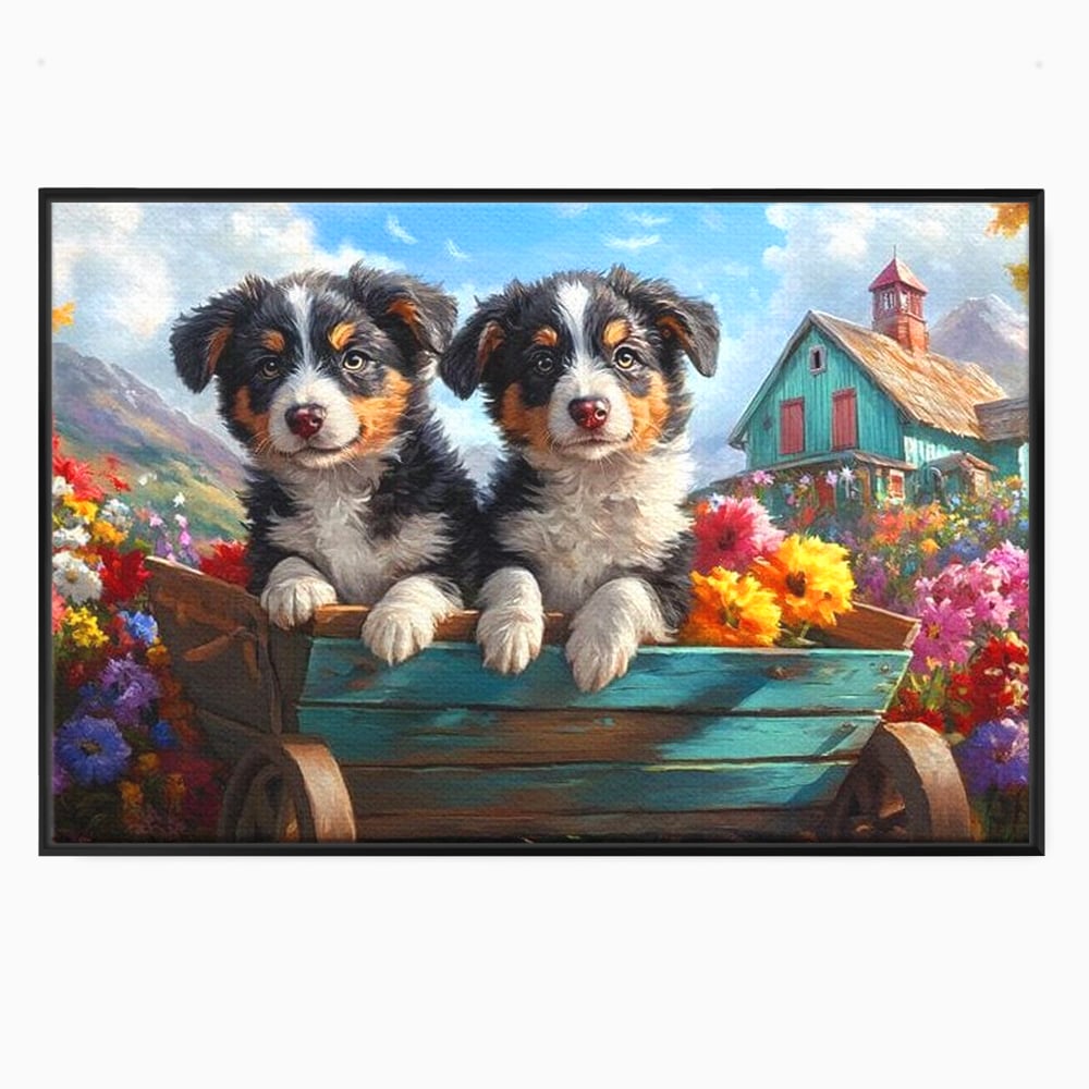 Tablou canvas cu doi catei australian shepherd in caruta cu flori, in rama de aluminiu negru