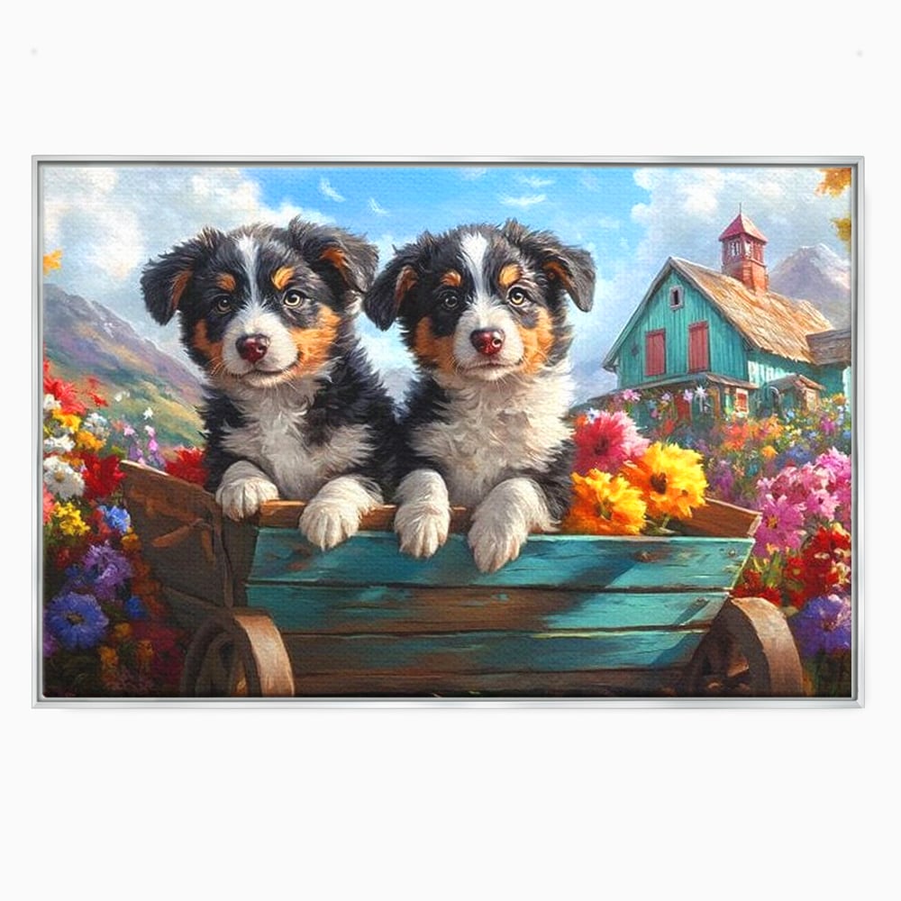 Tablou canvas cu doi catei australian shepherd in caruta cu flori, in rama de aluminiu argintiu