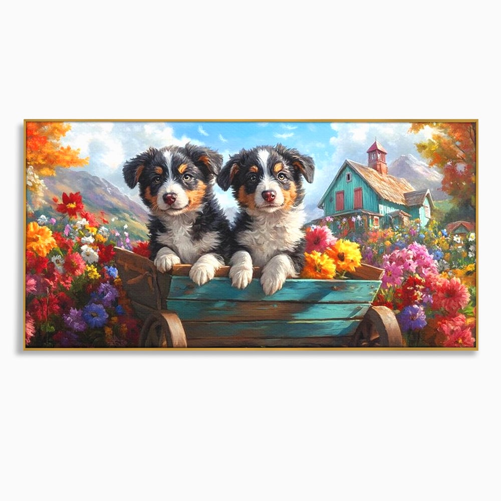 Tablou canvas cu doi catei australian shepherd in caruta cu flori, in rama de aluminiu auriu