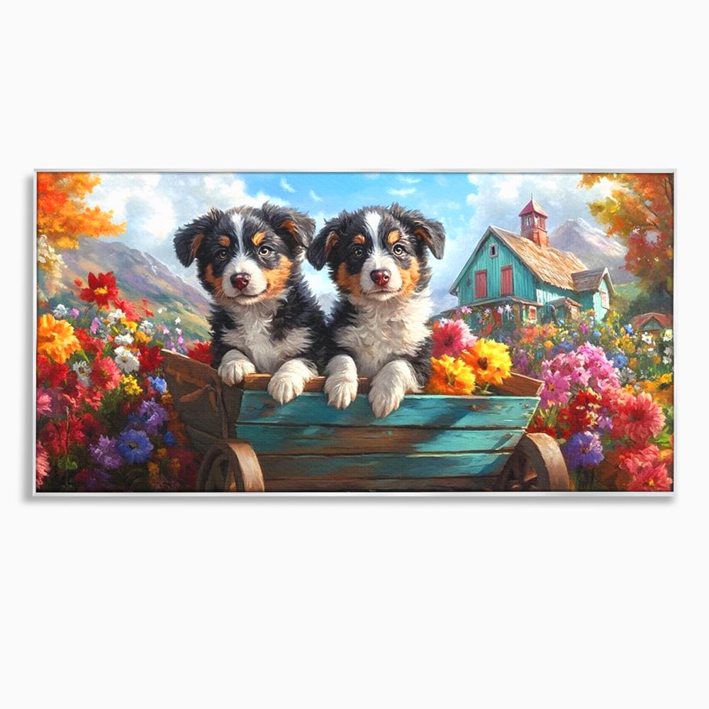 Tablou canvas cu doi catei australian shepherd in caruta cu flori, in rama de aluminiu argintiu