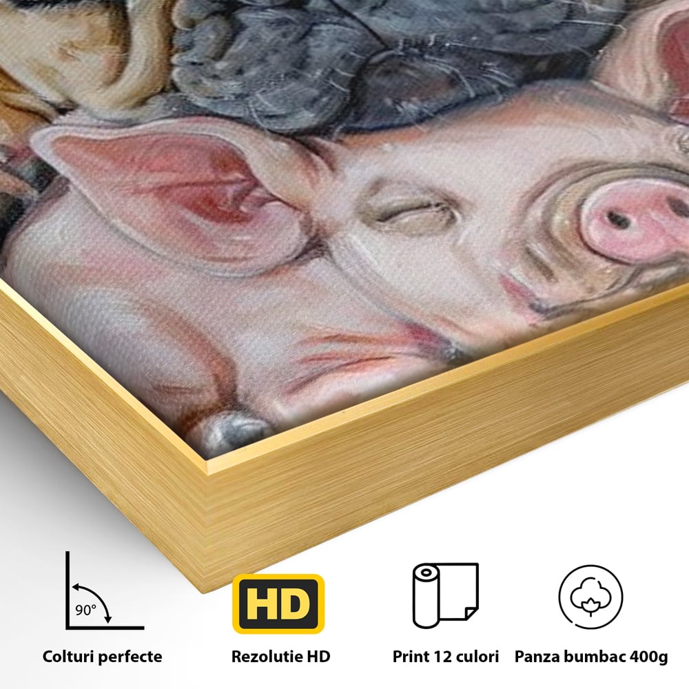 Detaliu al suprafetei: pictura cu bulldog si purcelus dormind, in rama de aluminiu auriu