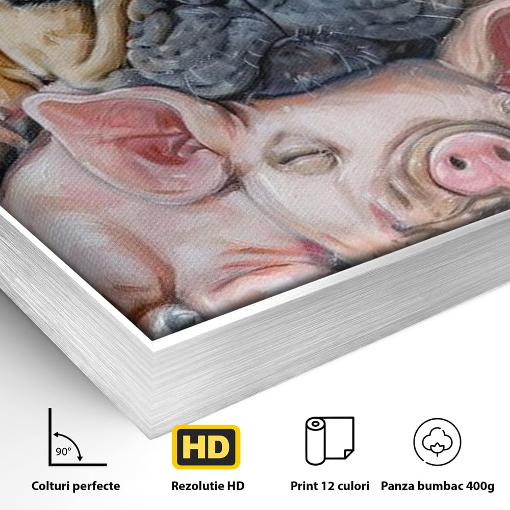 Detaliu al suprafetei: pictura cu bulldog si purcelus dormind, in rama de aluminiu argintiu