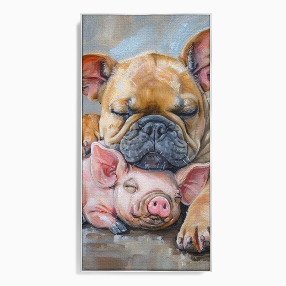 Tablou canvas cu pictura cu bulldog si purcelus dormind, in rama de aluminiu argintiu